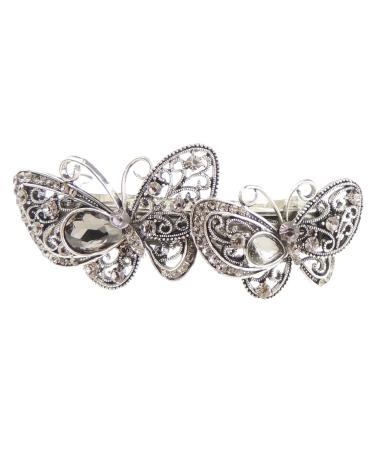 Ladies Silver Tone Vintage Look Crystal Diamante Stencil Barrette Butterflies (Grey)