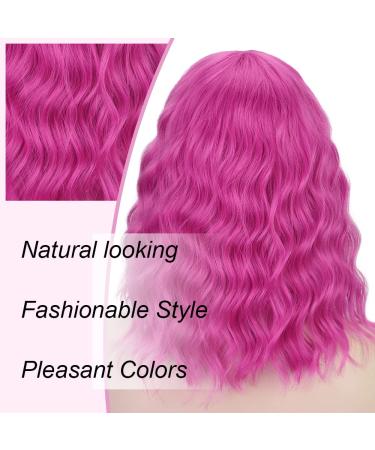 AISI BEAUTY Hot Pink Bob Wavy Wig with Bangs - 14 Inch Synthetic Hair Colorful Wig for Women - Perfect for Halloween Costume & Cosplay - Buy Online on GoSupps.com
