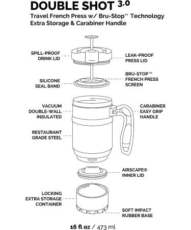 BruTrek Double Shot 3.0 Travel French Press & Mug - 16 fl.oz Stainless Steel, Removable Bottom for Beans, Brew Second Cup, No Spill Lid - Storm Gray - Buy Online on GoSupps.com