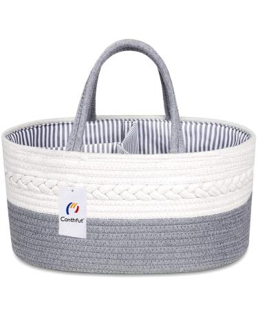Conthfut Baby Diaper Caddy Organizer 100% Cotton Rope Nursery Storage Bin for Boys and Girls Large Tote Bag & Car Organizer with Removable Inserts Baby Shower Basket Gray