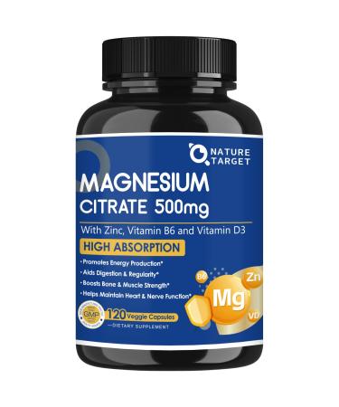NATURE TARGET Magnesium Citrate 500mg with Zinc & Vitamin D for Muscle, Nerve, Bone & Heart Health, High Absorption Magnesium Supplement, Easy to Swallow Magnesium Capsule for Women & Men, 120 VegCaps 120 Count (Pack of 1)
