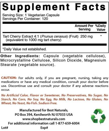 Best Naturals Tart Cherry Extract 1000mg Veggie Capsules - Healthy Uric Acid Levels & Joint Function - 120 Count - Buy Online on GoSupps.com