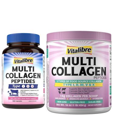 Vitalibre Multi Collagen Peptides 180 Caps and Multi Collagen Peptides Powder 16oz