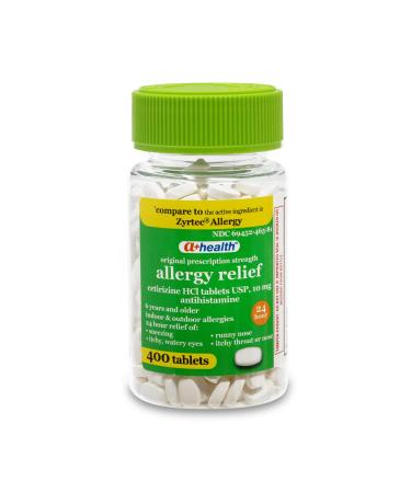 A+Health Cetirizine HCl 10mg Tablets 24 Hour Allergy Antihistamine Indoor & Outdoor Allergies Relief from Sneezing Itchy Throat Watery Eyes 400 Count