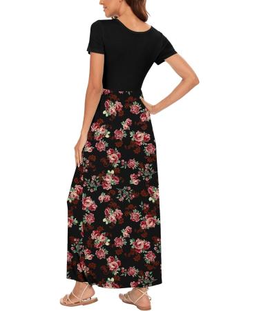 YUNDAI Womens Summer Maternity Maxi Dress with Pocket, Floral Loose Fit, Short Sleeve, Plus Size - Rose Black (Size M) - Buy Online on GoSupps.com