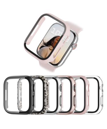 6 Pack Case for Apple Watch SE (2nd) Series 6/SE/5/4 40mm with Tempered Glass Screen Protector BHARVEST High Definition Scratch Resistant Hard PC Bumper Cover for Apple Watch Accessories 40mm Black+Silver+Rose Gold+Pink+Clear+Leopard 40mm