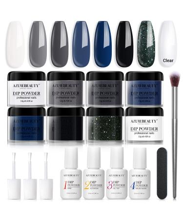 Dip Powder Nail Kit Starter, AZUREBEAUTY Blue Black 8 Colors Acrylic Dipping Powder System Essential Liquid Set with Top/Base Coat Activator Brush Saver for French Nail Art Manicure Beginner DIY Salon
