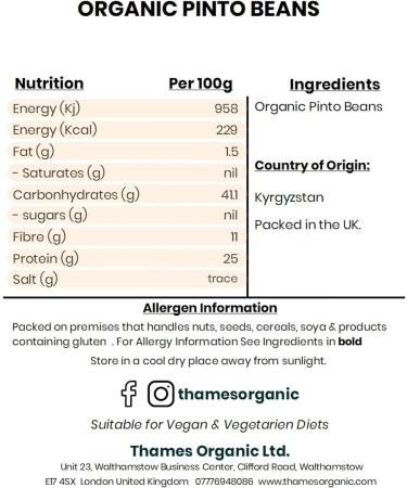 Organic Pinto Beans - High in Protein and Fiber No Additives No Preservatives Non-GMO Vegan - Perfect for Soups Stews Salads and Mexican Dishes - Thames Organic 1kg - Buy Online on GoSupps.com