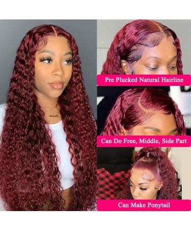 Burgundy Lace Front Human Hair Wig for Black Women - 24 Inch Deep Wave 99J Color, 13x4 Transparent Lace Frontal, Glueless Wet and Wavy Curly Wig, Pre Plucked Brazilian Virgin Hair - 180% Density - Buy Online on GoSupps.com