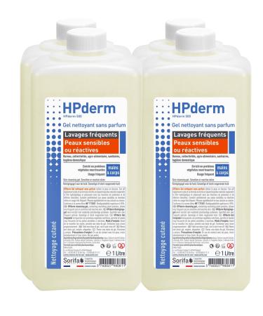 SORIFA Pack of 4 - HPderm Fragrance Free Cleansing Gel - Frequent washes - Sensitive or reactive skin - Hands and body - With protective soy protein - pH neutral soap-free - 1L bottle