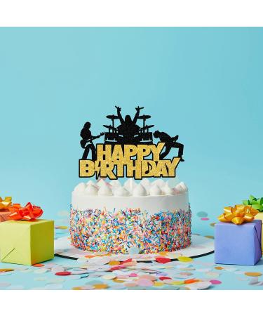 Rock and Roll Cake Topper Happy Birthday Cake Decorations Drums Guitar Musical Notes Music Player Rock Lets Party Theme Birthday Anniversary Party Supplies Black Glitter - Buy Online on GoSupps.com