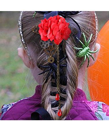 Maciun Steampunk Hair Clip - Flower Hair Clips Steampunk Hair Clips with Tassels Chain Rose Flower Hair Clip Vintage Gothic Hair Accessories for Women Red - Buy Online on GoSupps.com