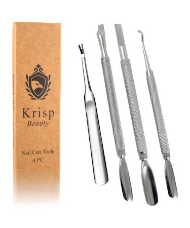 Cuticle Pusher Dual Sided - Sharp Edge Spoon Shaped Double Ended Ingrown Toenail Lifter Remover Trimmer Surgical Medical Grade Stainless Steel Manicure Pedicure Nail Art Care Tools (4 Pc Set) By Krisp