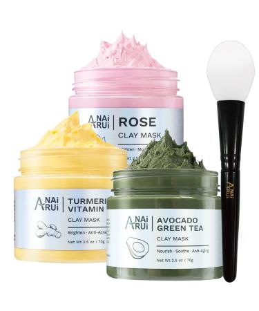 Anirui turmeric vitamin C tonerde mask - rose face mask - avocado green tea mud mask spa face masks set for deep cleaning oil control reduction of acne and pores 210g pink
