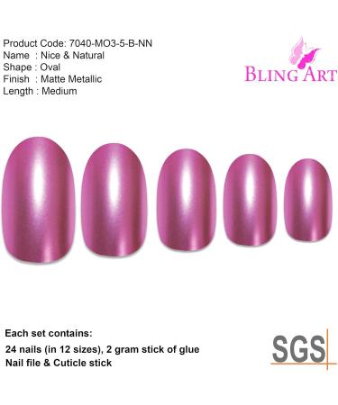 Bling Art Oval False Nails Fake Acrylic Matte Pink Metallic 24 Medium Tips Glue - Buy Online on GoSupps.com
