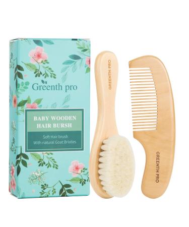 GREENTH PRO Baby Hair Bush and Comb Set -Nature Lotus Wood with Soft Goat Bristle and Pear Wood Comb for Newborns & Toddlers  Ideal for Cradle Cap
