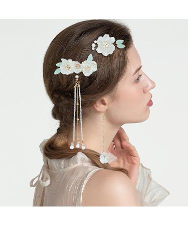 White Vintage Flower Pearl Barrette Earring Tassel Hair Pin Set - 3 Pairs | Kawaii Kimono Floral Hair Accessories for Women - Buy Online on GoSupps.com