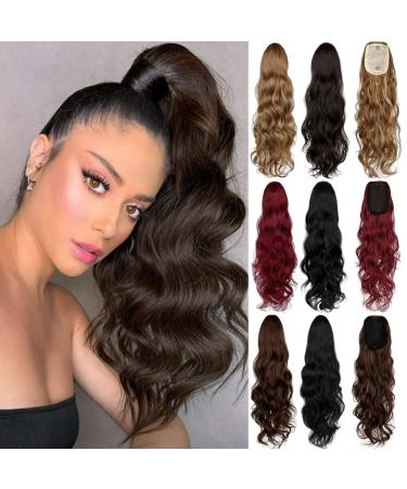 Felendy Ponytail Extension Drawstring 22" Long Wavy Wrap Around Pony Tails Body Wave Curly Clip in Hair Pieces for Women Dark Brown 22 Inch-Drawstring Dark Brown-Wavy