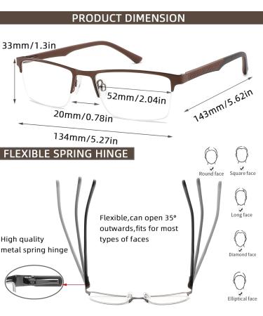3 Pack Men's Reading Glasses - Blue Light Blocking Stylish Metal Half Frame Spring Hinge (+2.5 Strength) - Black Brown & Gun Metal - Buy Online on GoSupps.com