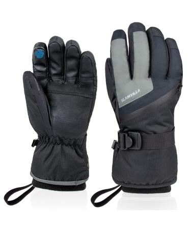 GLAMVILLA Ski Winter Gloves Waterproof Snow Gloves with Touchscreen Fingers Ski Gloves with Zipper for Men Women Large gray