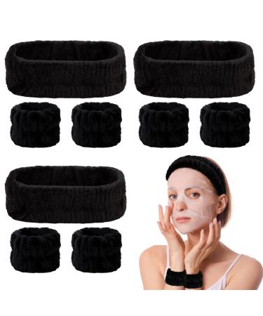 AMCAMI 9 Pcs Spa Headband Face Wash Headband and Wristband Set  Microfiber Makeup Hair Band Face Washing Wristbands Facial Skincare Headband Wrist Towels for Washing Face for Women Girls (Black)