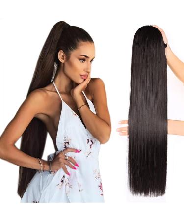 Ponytail Extension Extensions for Women Heat Resistant Fake Hair Synthetic Long Straight Ponytail Drawstring Pony Tail Clip In Hair Ponytail Hair Extension(Color:DarkBrown Size:24inches) 24inches DarkBrown