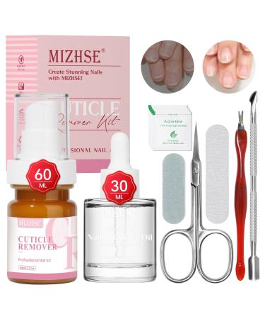 MIZHSE Cuticle Remover and Oil Kit - 90ml Cuticle Care Kit with Cuticle Remover Cream & Cuticle Oil Cuticle Trimmer/Nipper/Pusher Set Cuticle Softener & Moisturize Manicure Kit for Nail Salon Home Use 60ml+30ml