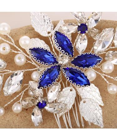 Bridal Blue Rhinestone Pearl Hair Comb - Floral Hair Accessories for Women and Girls - Buy Online on GoSupps.com