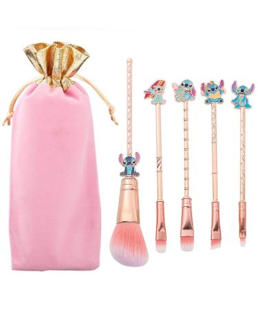 Boyigog 5Pcs Stitch Makeup Brush Set Stitch Theme Cosmetic Brushes for Powder Eyeshadow Blushes Lips Portable Makeup Brush Set with Brush Cleaner Lovely Stitch Gift for Girl Women Blue
