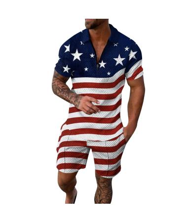 Fxbar Men's Patriotic Zipper Collar T-Shirts Outfits Breathable Sweat-Absorbing American Flag Short Sleeve Shirts Set Dark Blue Large