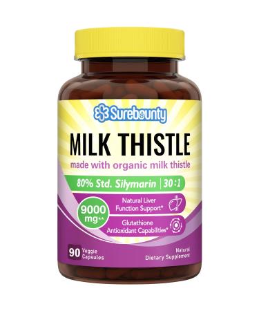 Surebounty Organic Milk Thistle  9000 mg Equivalent  30X Concentrated Seed Extract with 80% Silymarin  Liver Cleanse Detox for Men + Women  Once Daily  90 Veggie Caps