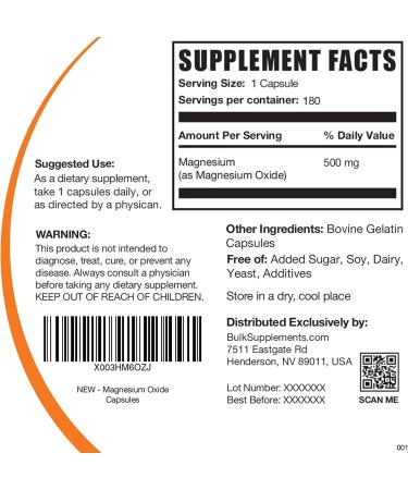 BulkSupplements Magnesium Oxide Capsules 500mg - 180-Day Supply (180 Capsules) - Buy Online on GoSupps.com