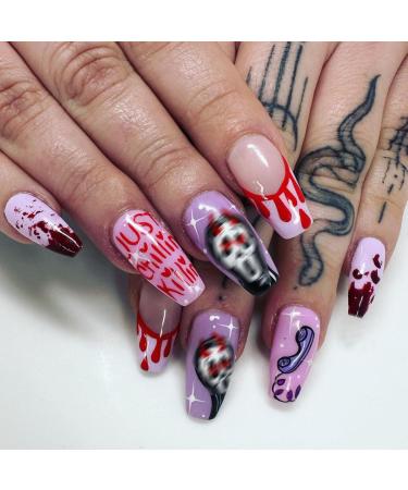 Halloween Press on Nails Medium Coffin Fake Nails Blood False Nails with Design Cute Ghost Glue on Nails Purple Coffin Full Cover Glossy Acrylic Stick on Nails for Women DIY Holiday Nail Decor 24Pcs Style-9 0.04 Fl Oz (Pack of 24)