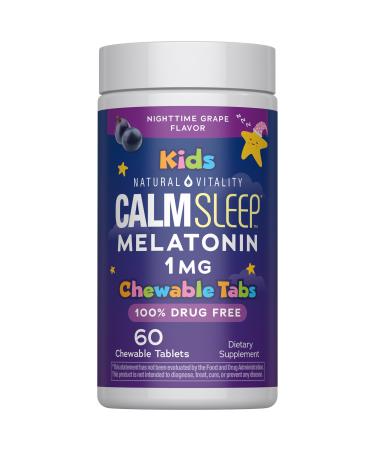 Natural Vitality Kids Calm Sleep Melatonin | 1mg Chewable Tablets | 100% Drug Free | Nighttime Grape Flavored Supplement | 60 Count