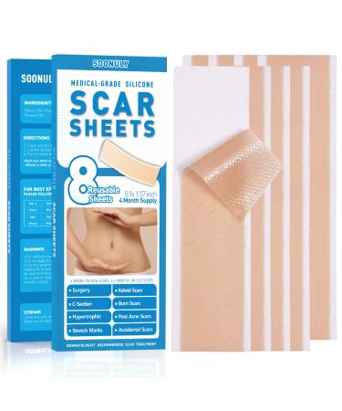Silicone Scar Sheets (8 Pack - 5.9 x 1.57) Soonuly Medical-Grade Silicone Scar Removal Sheets for Surgery Keloid C-Section Hypertrophic Burns Reusable Scar Tape for Old New Scars Bandage Treatment