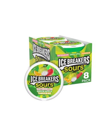 ICE BREAKERS Sours Green Apple, Tangerine and Watermelon Flavored Sugar Free Breath Mints, 1.5 oz Tins (8 Count) 1.5 Ounce (Pack of 8) Green Apple, Watermelon, Tangerine