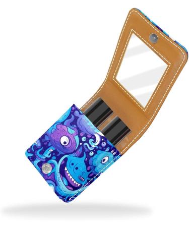 Travel Lipstick Organizer Case - Portable Makeup Bag with Mirror | Abstract Blue Cartoon Dinosaur Design - Buy Online on GoSupps.com