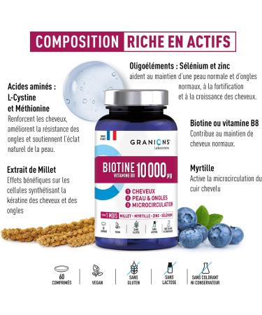 Biotin 10 000 g GRANIONS Food Supplement Hair Skin Nails - Vitamin B5 Biotin Millet Cystine Blueberry Zinc Selenium Methionine - Vegan Gluten Free 60 Tablets Made in France - Buy Online on GoSupps.com