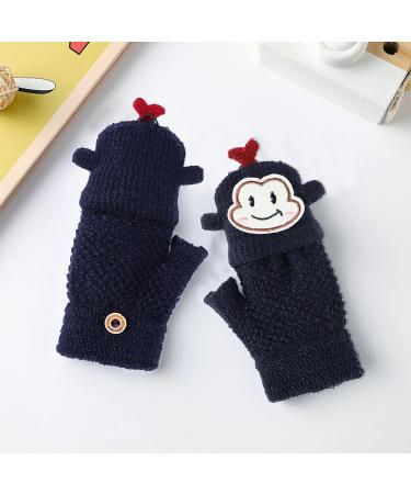 Kids Cute Cartoon Monkey Knitted Mittens - Warm Convertible Thermal Gloves for Children 3-8 Years - Dark Blue - Buy Online on GoSupps.com