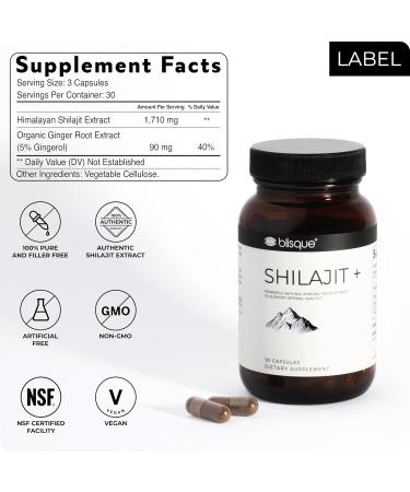 Blisque Pure Himalayan Organic Shilajit Resin Extract Capsules | Authentic and Natural | Golden Grade A | Contains Fulvic Acid and Trace Minerals | 90 Capsules - Buy Online on GoSupps.com