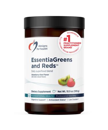 Designs for Health EssentiaGreens and Reds (Strawberry Kiwi 30 Servings) Vegan Superfood Powder with Spirulina Kale Apple & More for Daily Nutrition and Digestive Health