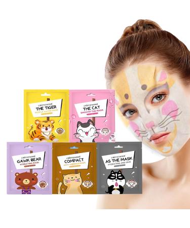 Sheet Mask - Face Mask Set for Teenage Girls - Fun Animal Printed Sheet Face Masks - With Tiger and Cat Easy Use Face Mask Gift Set - Hydrating Brighten Soothe - Face Masks for All Skin Types (5)
