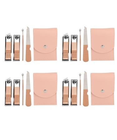 Stainless Steel Nail Clippers Set 4 Set Nail Clippers Beauty Tools Includes Ear Spoons and Nail Files with Pink PU Storage Bags for Grooming Manicure