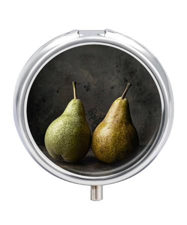 Pill Box Pill Case 3 Compartment Travel Pill Box Two Green Pears Printing Small Pill Box Portable Medicine Pill Case Pill Organizer for Purse & Pocket for Travel Handbag (Round)