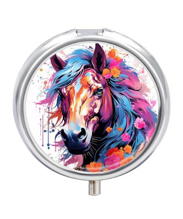 Small Travel Pill Case Round Metal Pill Box for Pocket Purse 3 Compartment Portable Pill Holder Mini Pill Organizer for Travel or Daily - Horse