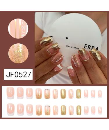 Glossy White Flower Gold Glitter Square Press-on Nails with Rhinestone Design - 24Pcs - Buy Online on GoSupps.com