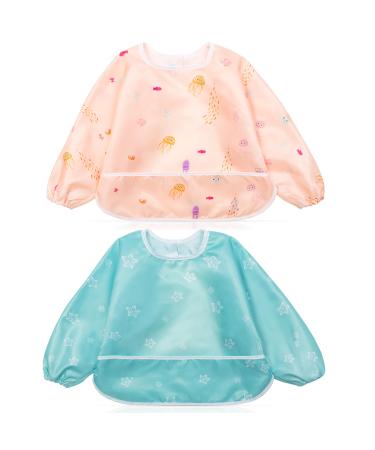Little Dimsum Long Sleeves Toddler Weaning Bibs |Sleeved Baby Waterproof Feeding Coverall Set | Catching Food & Wipe Clean 6-36 Months(Octopus&Flower) Octopus & Flower