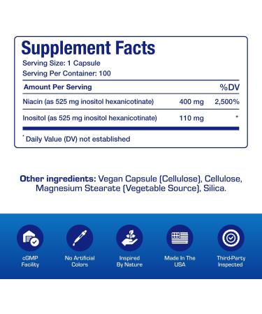 High Absorption Vitamin B3 Niacin Flush Free - Clinical Formula Flush Free Niacin Supplement from Inositol Hexanicotinate for Heart Skin & Nerve Support - Vegan Non-GMO Made in The USA - 100 Servings - Buy Online on GoSupps.com