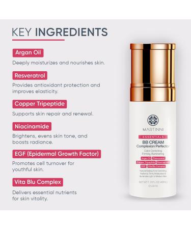 Martinni Lightweight BB Cream Complexion Perfector 1.35 fl oz Anti-Aging Tinted Moisturizer for Face Reduces Fine Lines & Wrinkles Radiant Natural Glow - Buy Online on GoSupps.com