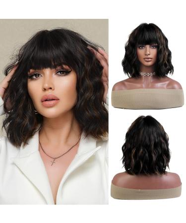 OUFEI Black Highlight Wigs for Women Bob Wig Short Wavy Wig Natural Synthetic Hair Heat Resistant Wigs for Daily Party Cosplay Wear-13 Inches Dark Brown Highlight(13in)